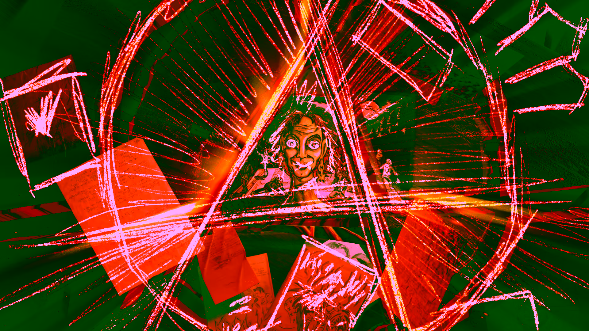 Red glowing triangular frame around distorted grinning face with sketch lines and floating paper pieces on dark red background.