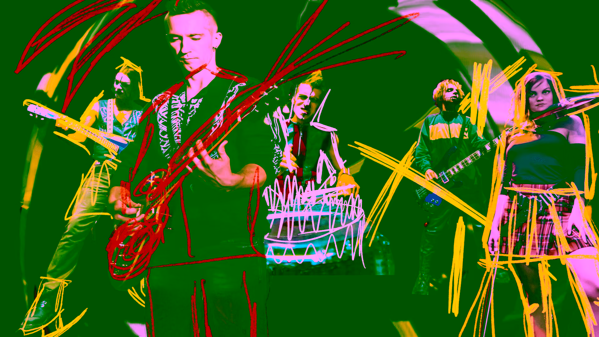 Collage of five musicians with red, yellow and other colored sketch outlines playing guitars and drums on black background.