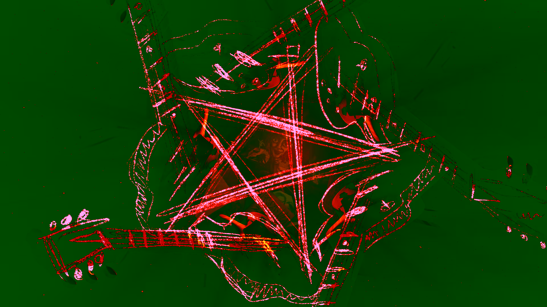 Glowing red five-pointed star composed of intersecting guitar outlines on dark red background.