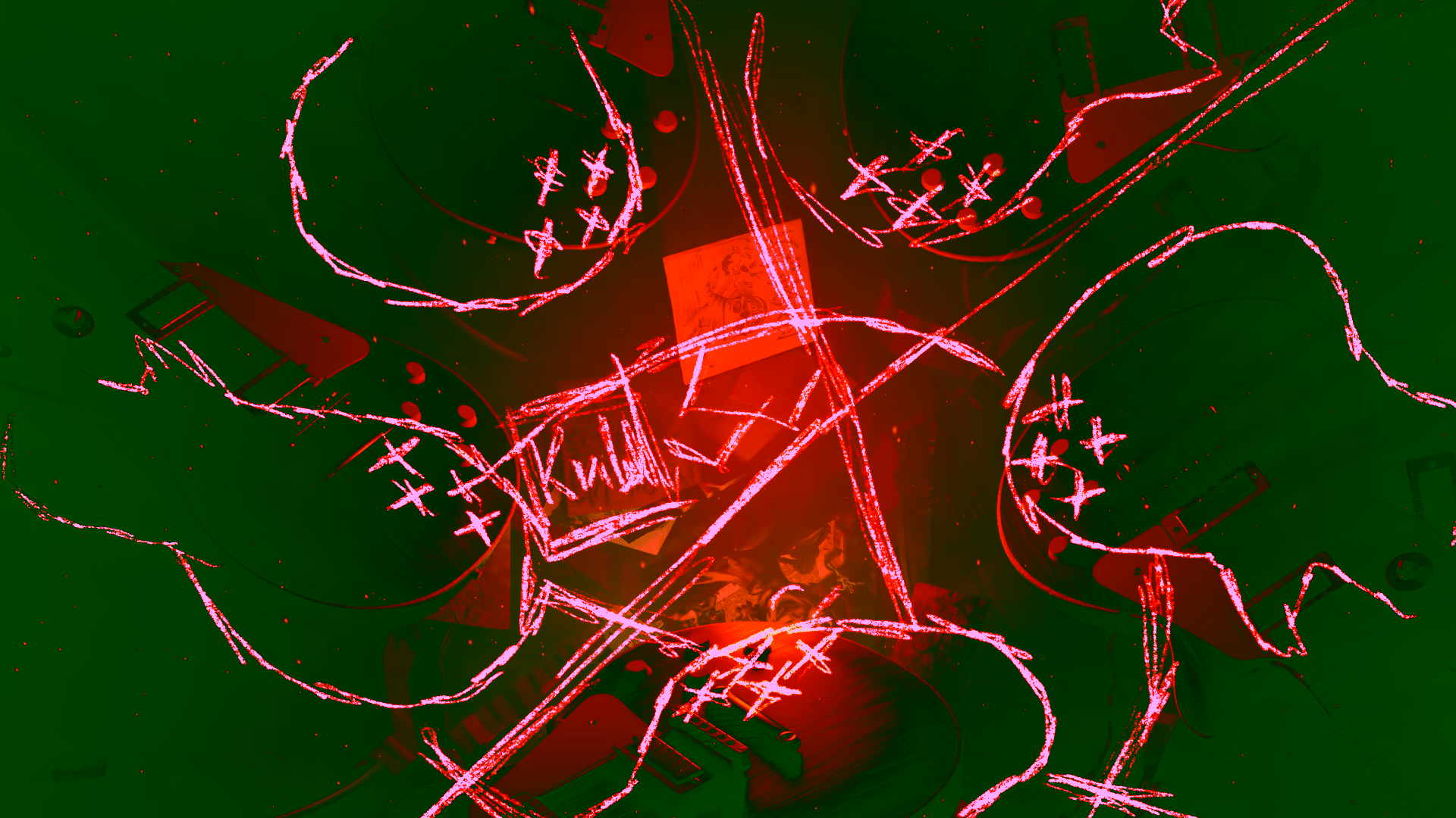 Dark red background with white outlined guitars, crossed bones and skull forms linked by glowing lines.