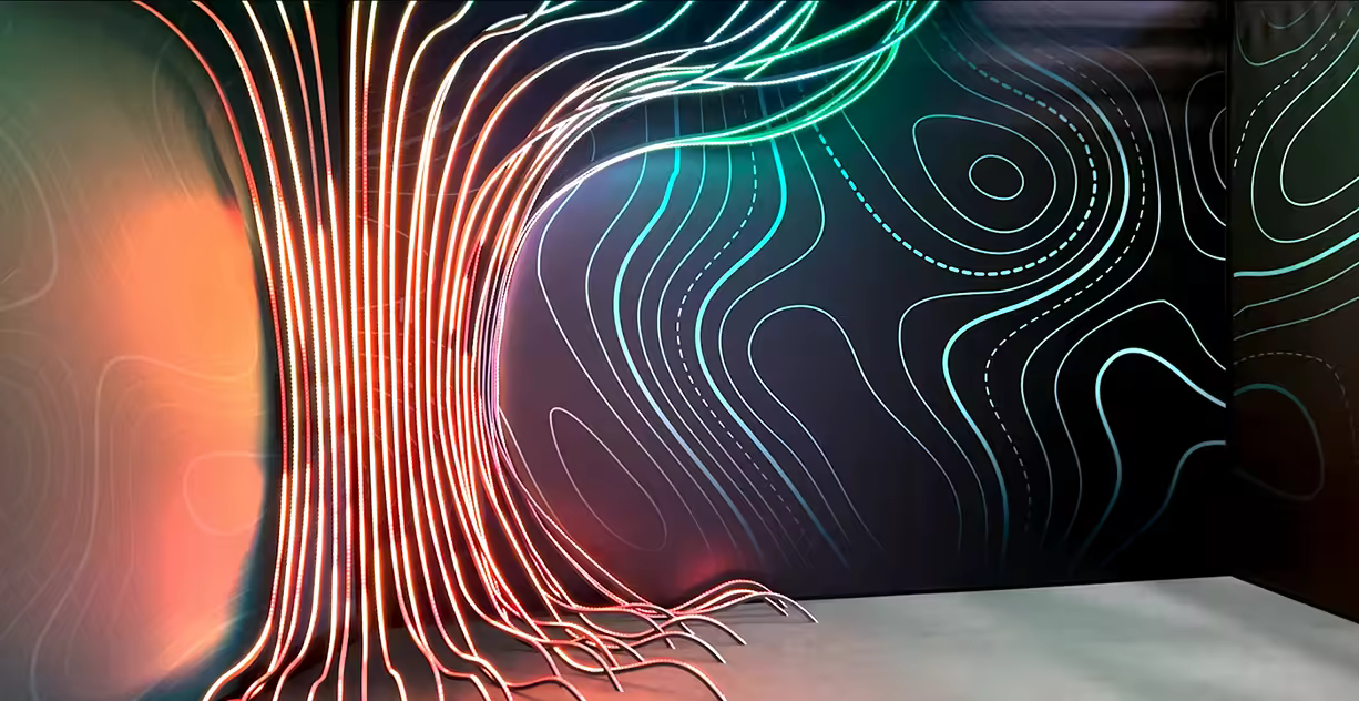 Neon-lit tree form with red trunk, green branches, curved lines on black walls and white floor.