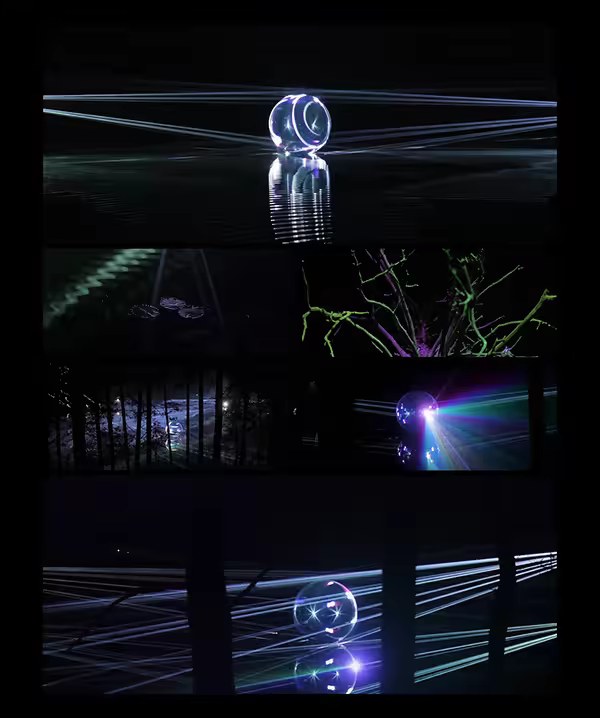 Grid of frames: glowing cylinder with strings, green branches, forest with lasers, reflective orb with beams.