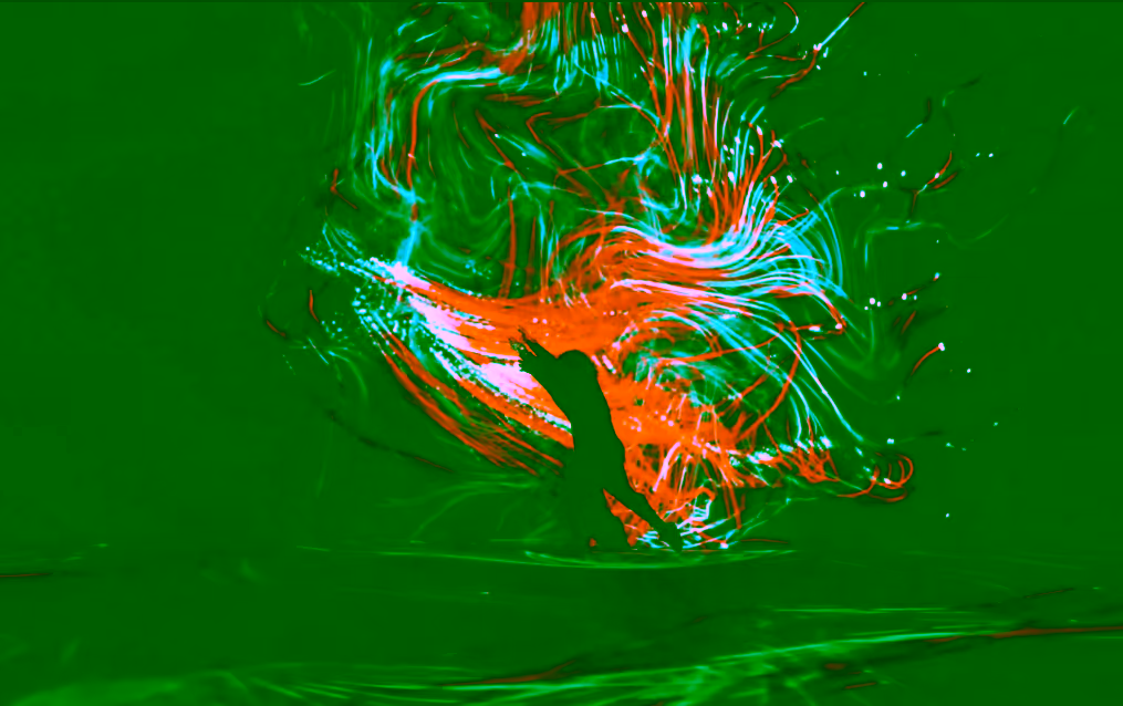 Silhouette surrounded by swirling cyan and orange light trails.