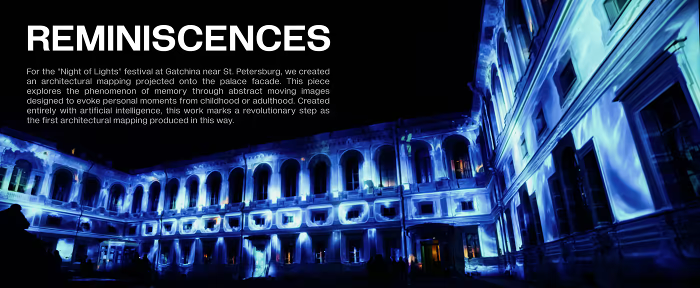 AI mapping projection on palace facade evoking personal memories.