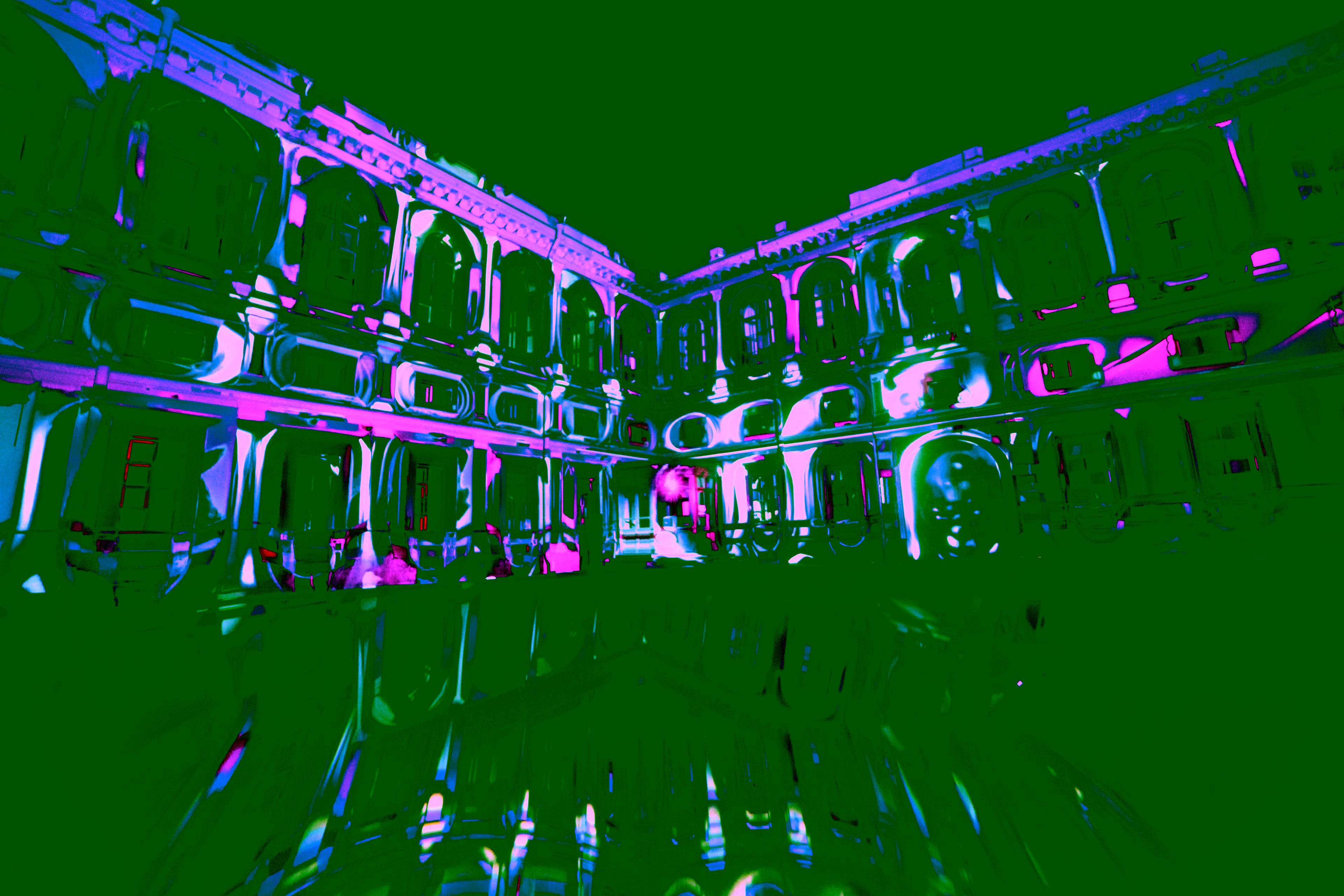 Abstract AI visuals mapping palace facade, blending childhood and adulthood memories.