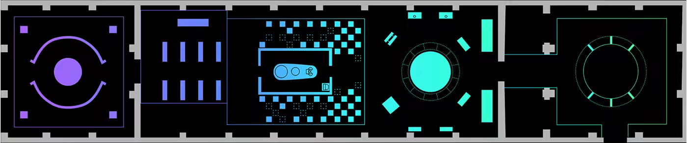 Five glowing sci-fi panels with circles and grids.