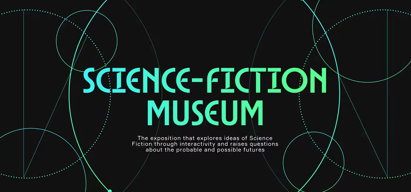 Neon cyan Science-Fiction Museum title with glowing rings.