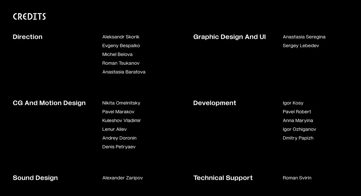 Team credits listing directors, designers, developers for Sci-Fi Museum.