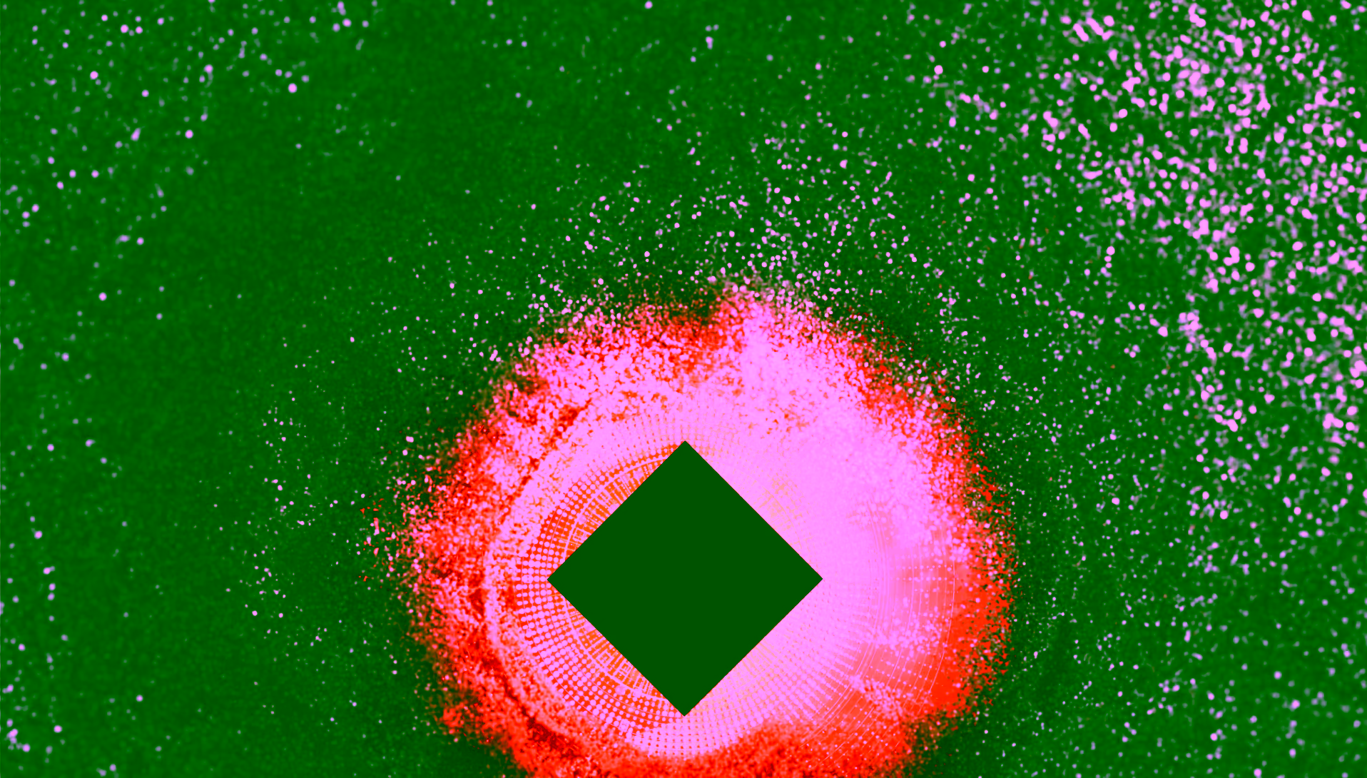 Central black diamond with red glow ring amid gray textured background.