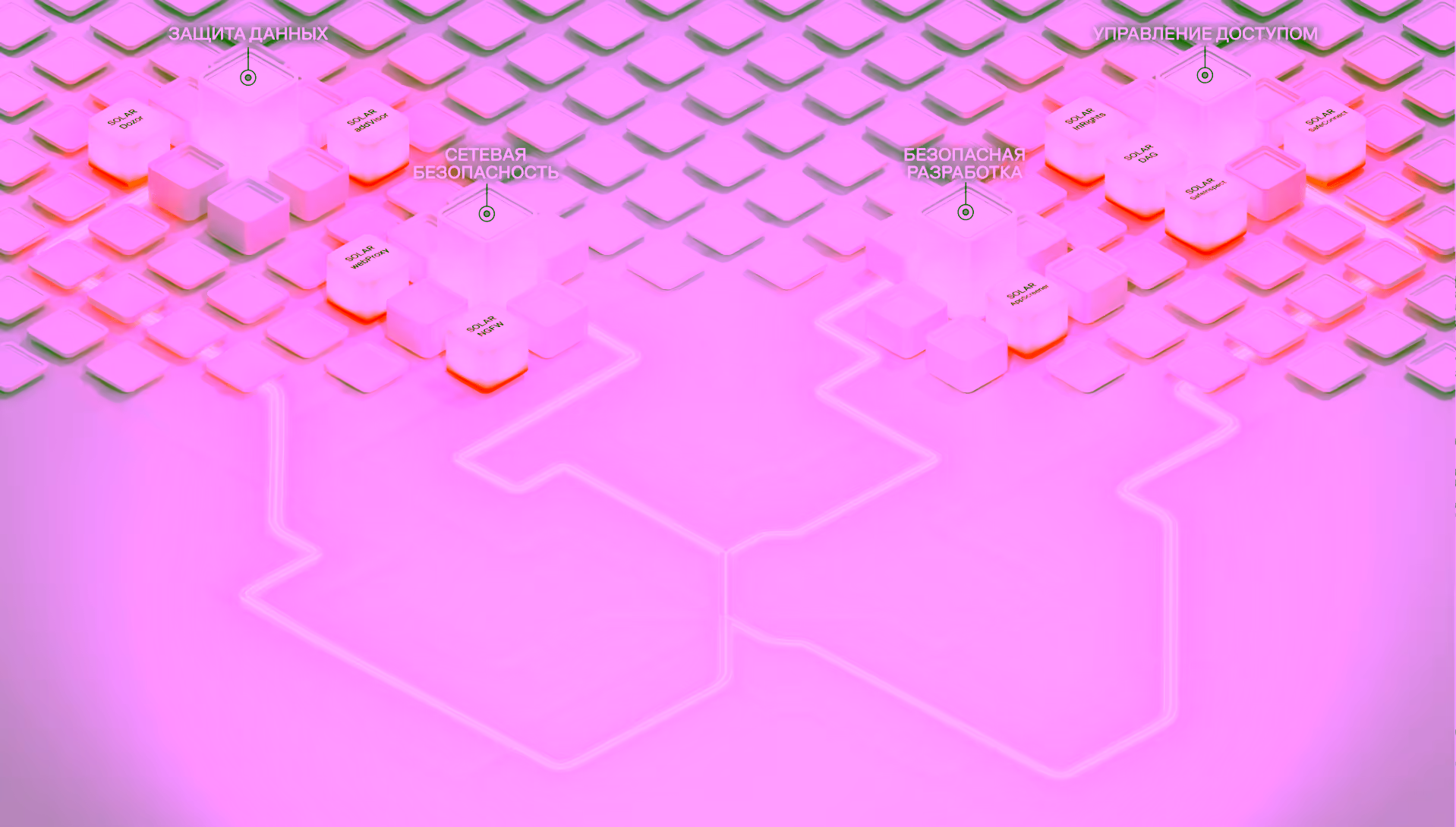 White cubic grid structure with orange glowing connections and text labels on products.