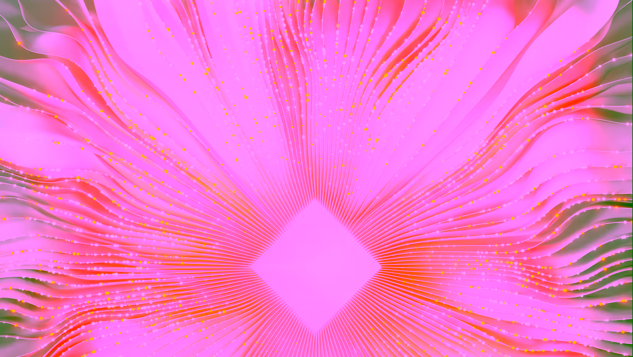 Pink and orange wavy lines radiating from central white diamond with glowing dots.