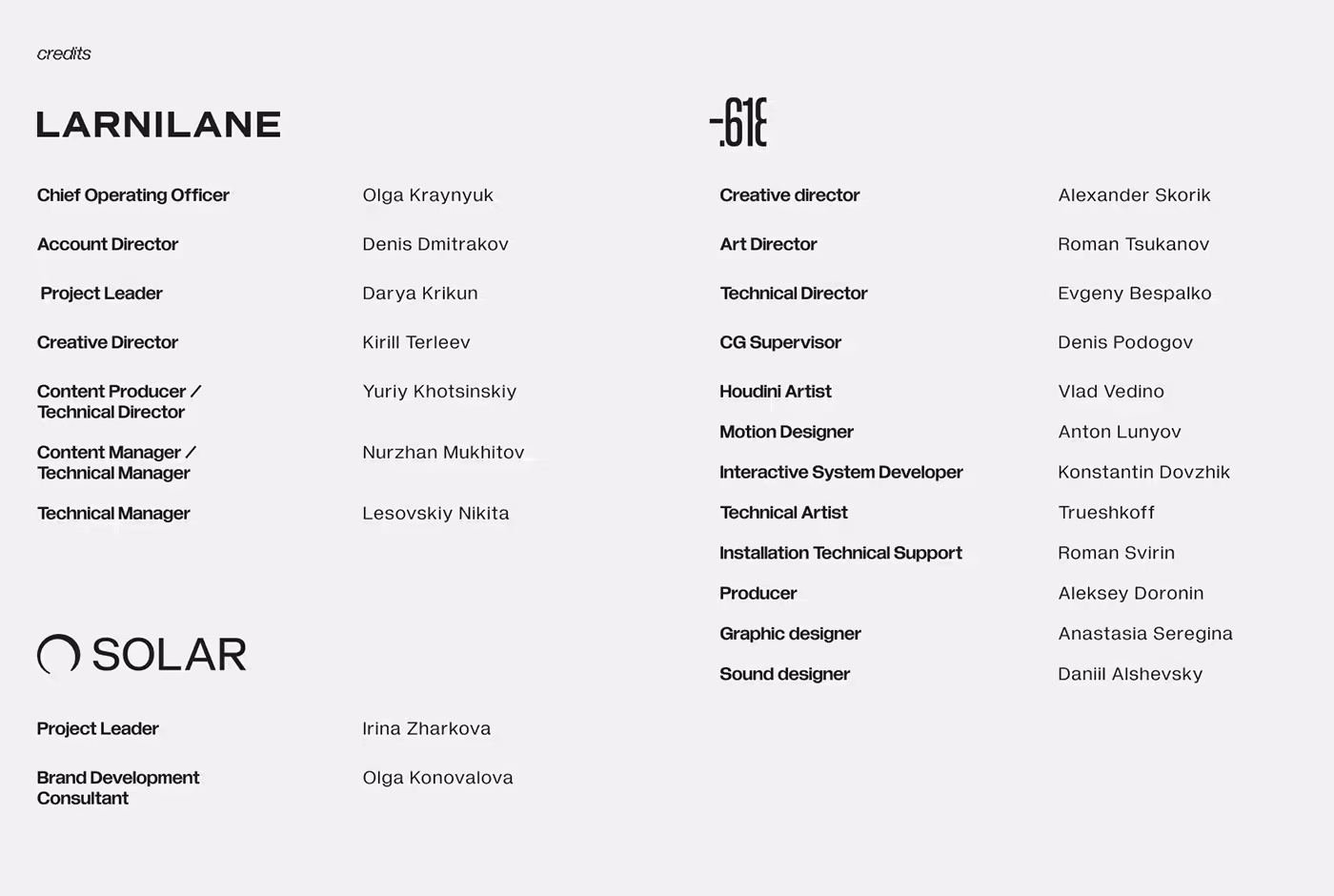 Team credits page for SOLAR project listing directors, managers, and support staff.