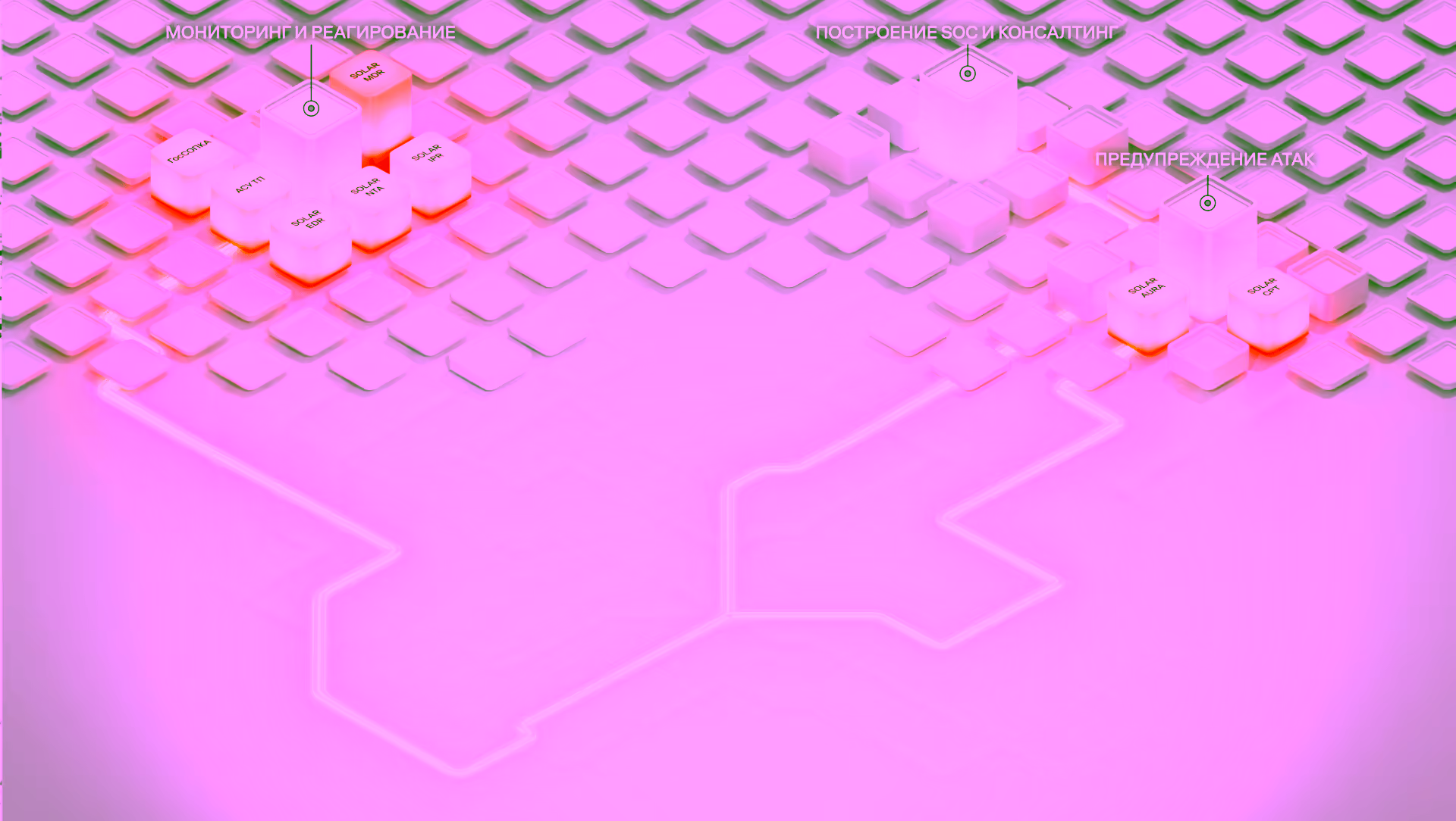 White cubes representing monitors and consoles connected by orange lines to attack label.
