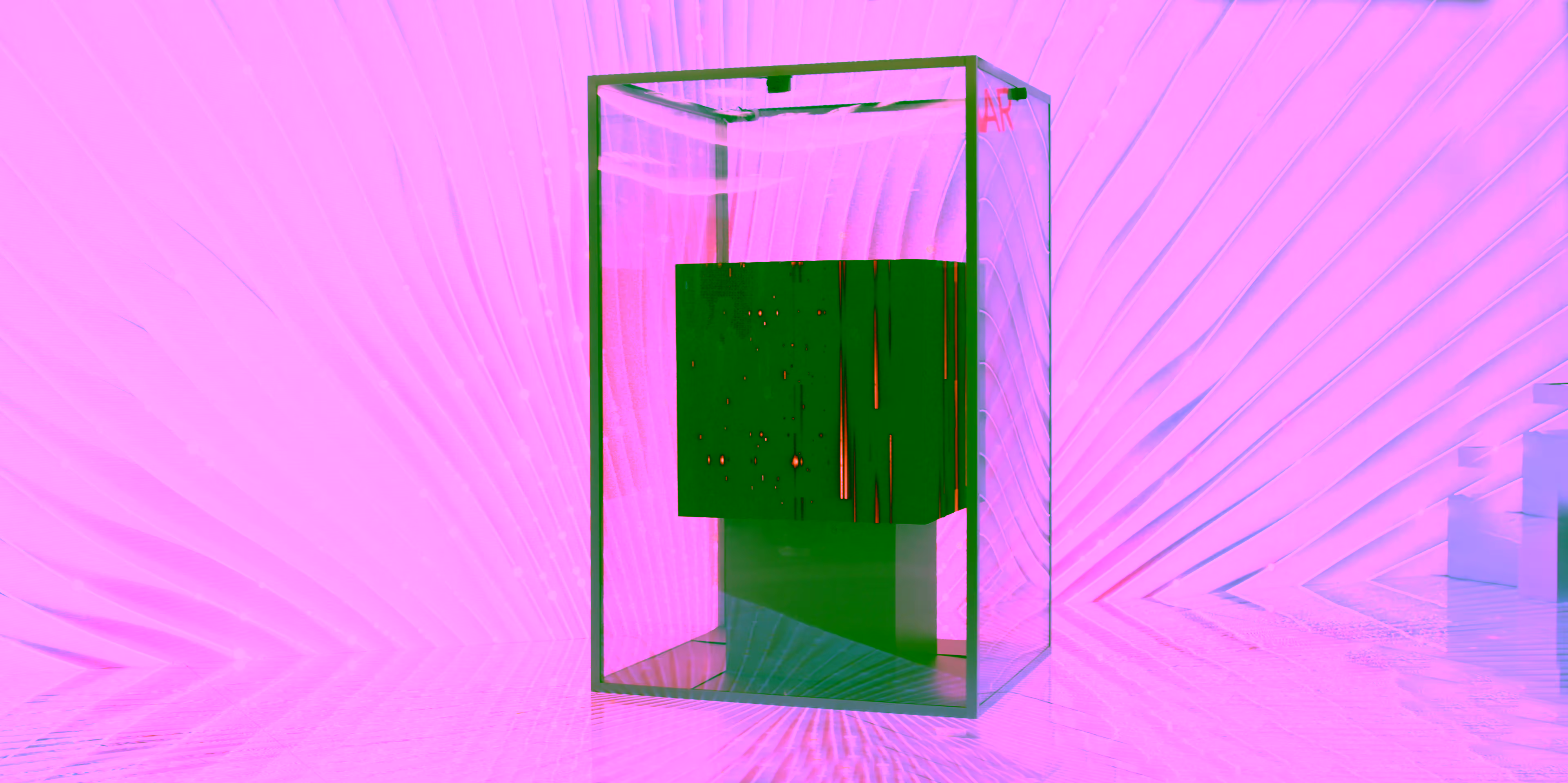 Clear glass box around dark cube with red light strips and particles on white curved background.