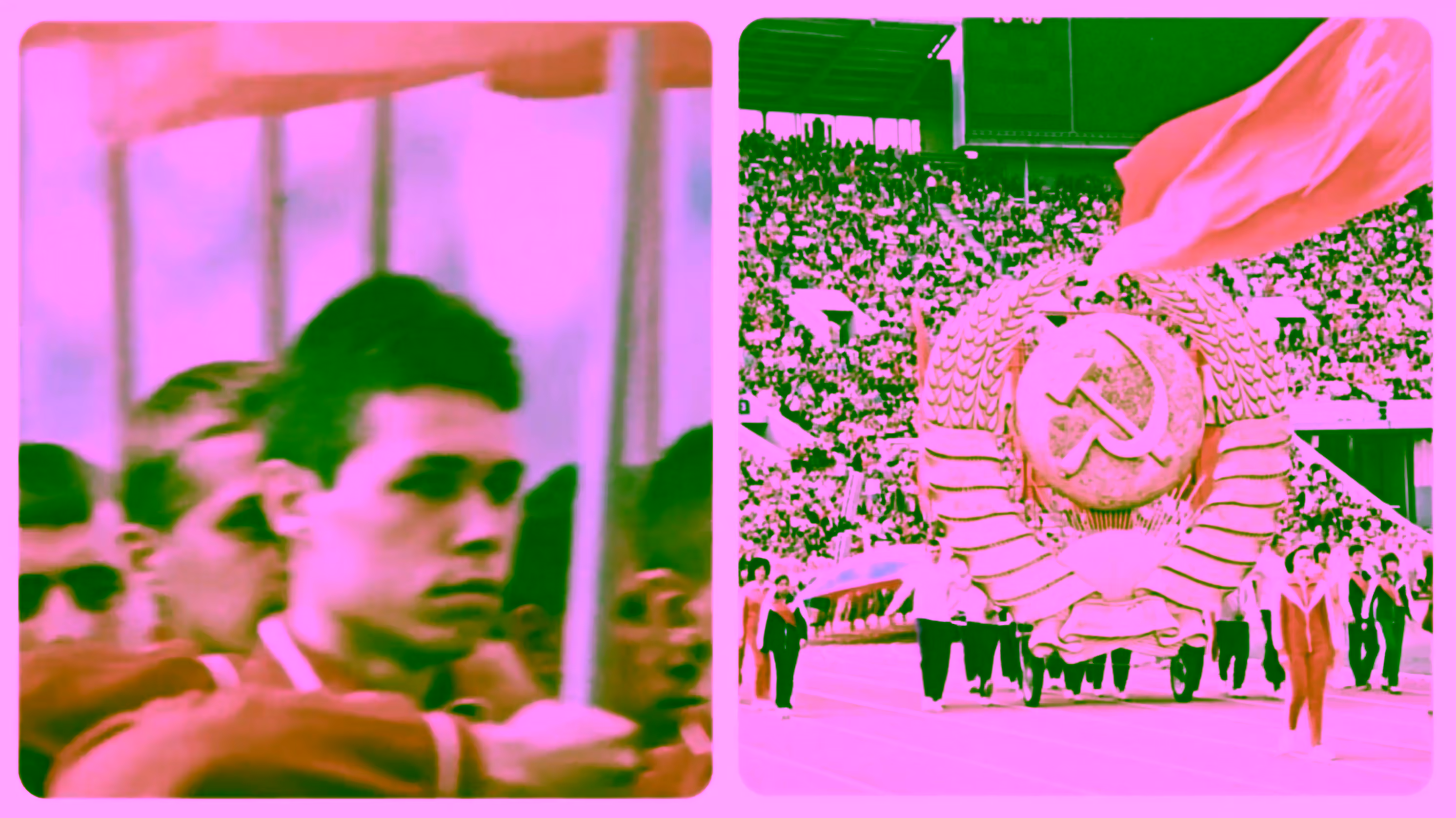 Blurred figures with red flags left, stadium crowd right with golden emblem on cart.